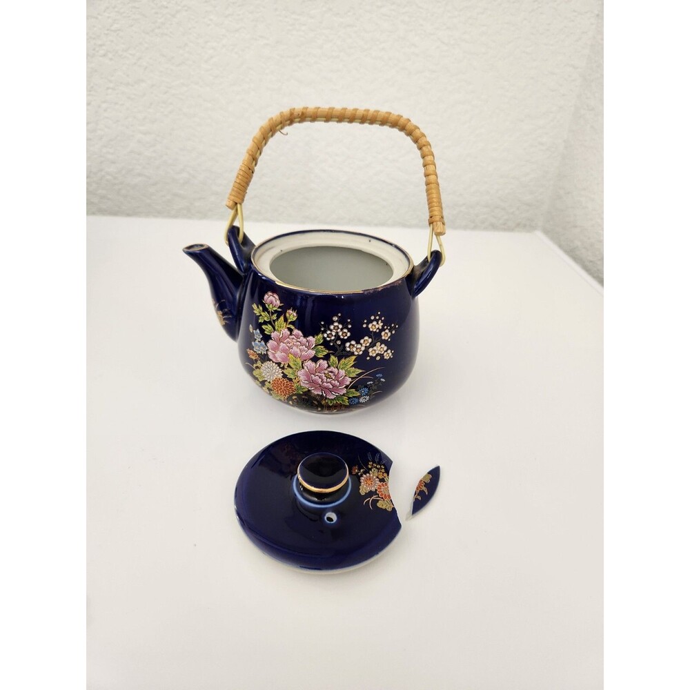 Kutani Cobalt Blue Porcelain Teapot Flower Cart Gold Trim Japan FOR REPLACEMENT